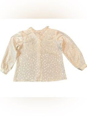 Vtg Ivory Long Sleeve M Blouse Crochet Collar Victorian Feminine Tulip Print EUC